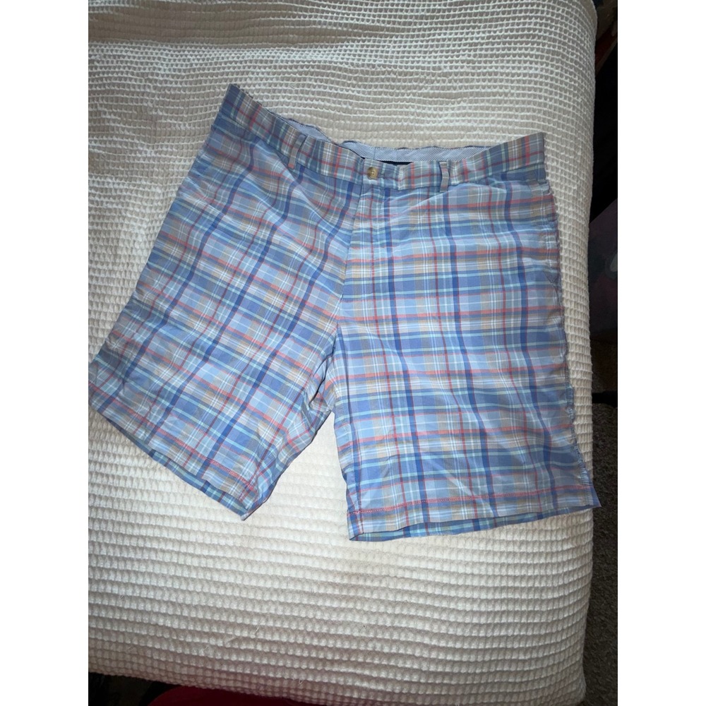 Peter Millar Featherweight Shorts Mens 38 Blue Plaid Performance Golf Flat Front